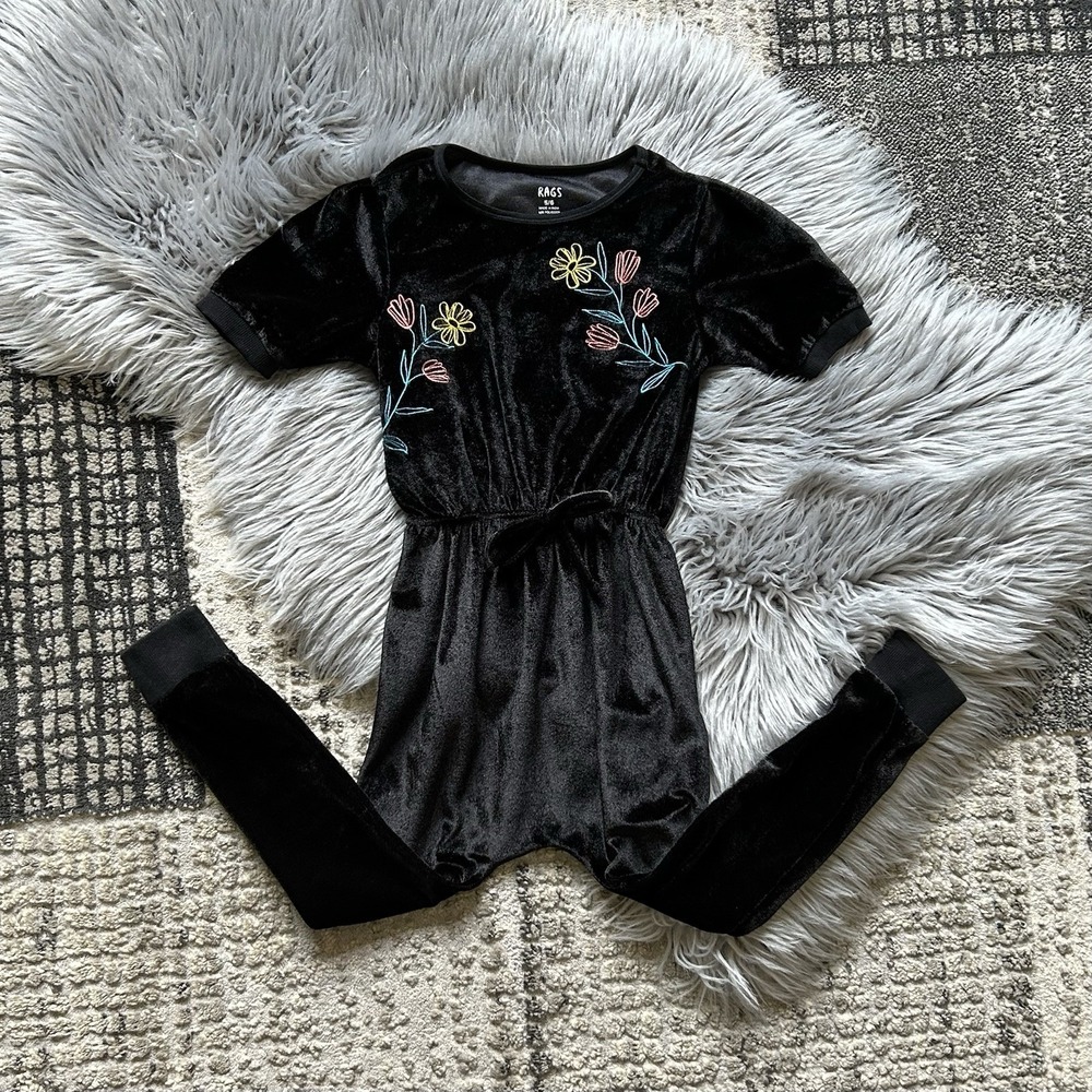 Rags Girls Black Velvet Romper With Embroidered Flowers Size 5/6T One Piece